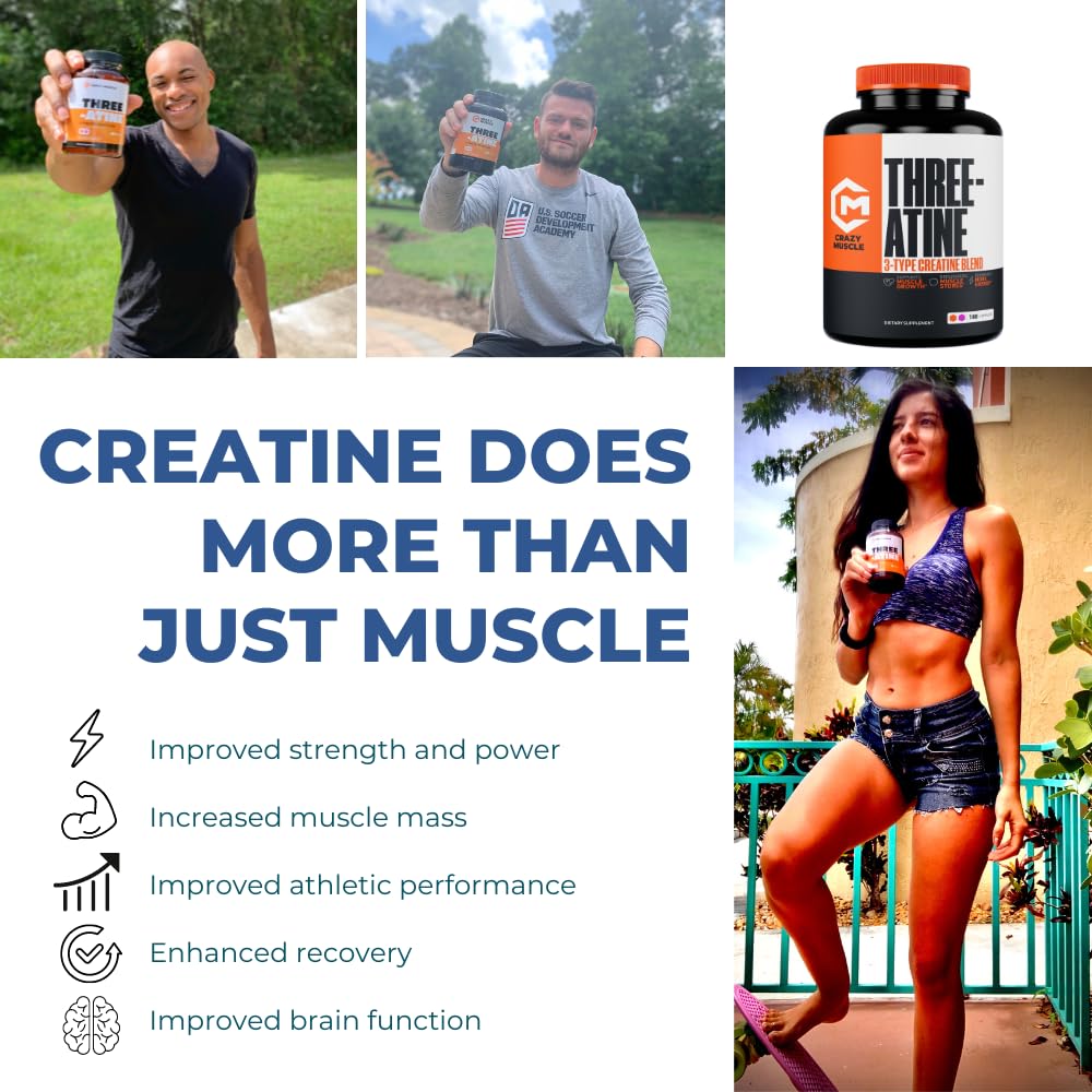 Creatine Capsules - 5g of Premium 3X ThreeAtine Pre Workout Bulk Muscle Mass Gainer