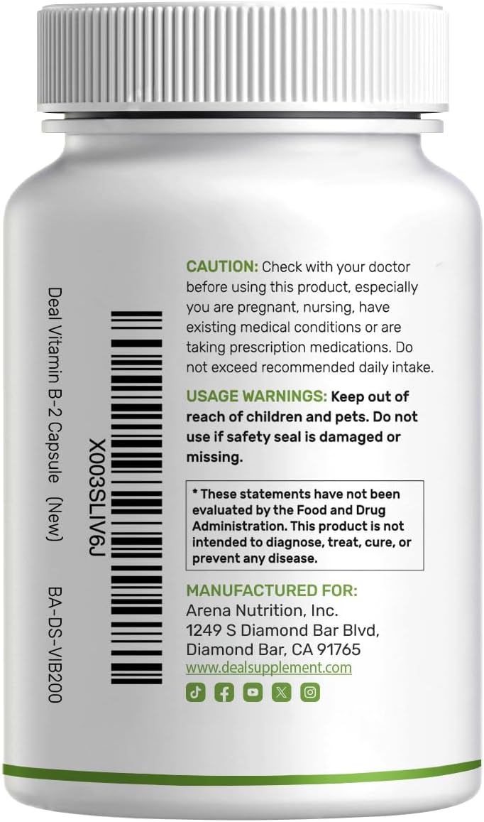 DEAL SUPPLEMENT Vitamin B2 400mg (Riboflavin) | with Magnesium Glycinate 400mg, 240 Capsules – 2 in 1 Support Healthy Nervous System, Mood, Blood & Energy Production, Non-GMO