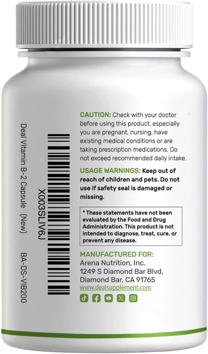 DEAL SUPPLEMENT Vitamin B2 400mg (Riboflavin) | with Magnesium Glycinate 400mg, 240 Capsules – 2 in 1 Support Healthy Nervous System, Mood, Blood & Energy Production, Non-GMO