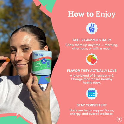FIRST DAY Women's Multivitamin Gummies with Methylated Folate, 60 Gummies | Vegan daily multivitamin for women with biotin, zinc and organic superfood blend; take 2 gummies daily for everyday nutrition