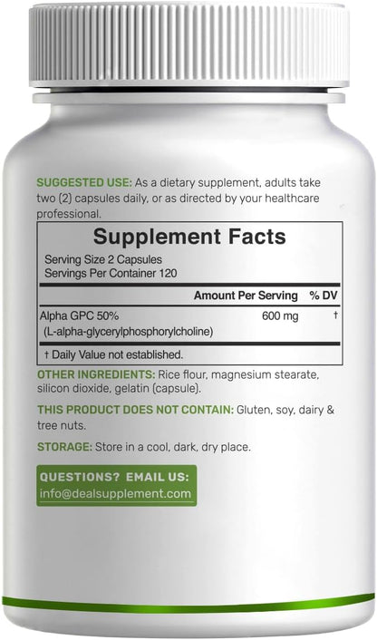 DEAL SUPPLEMENT Alpha GPC 600 mg Per Serving, 240 Capsules – Alpha GPC Choline Supplement – 120 Servings – Non-GMO, Gluten Free