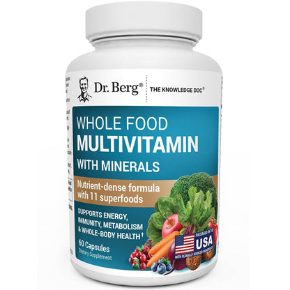 Dr. Berg Whole Food Multivitamin with Minerals - Daily Multivitamin for Men and Women - Includes Premium Whole Food Fruits and Vegetable Blend with Folate, Alpha-lipoic Acid and More - 60 Capsules