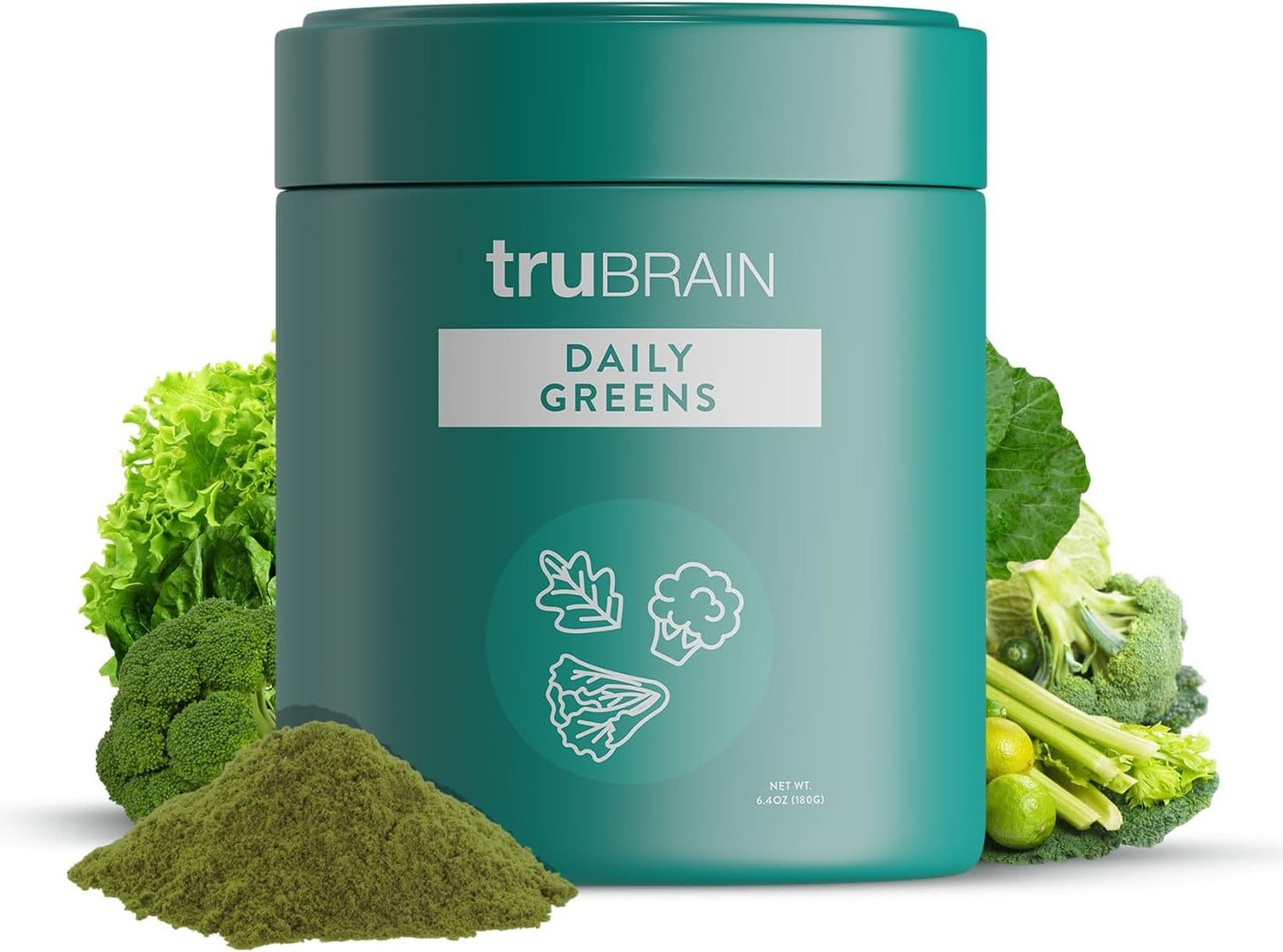 TruBrain Daily Greens: Sustained Brain Nourishment | 75 Plant-Based Ingredients, Superfoods, & Probiotics in Greens Powder | Vegan, Paleo, Keto-Friendly