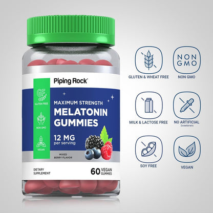 Piping Rock Melatonin Gummies 12mg | 60 Count | Maximum Strength Supplement for Adults | Berry Flavor | Vegan, Non-GMO, Gluten Free