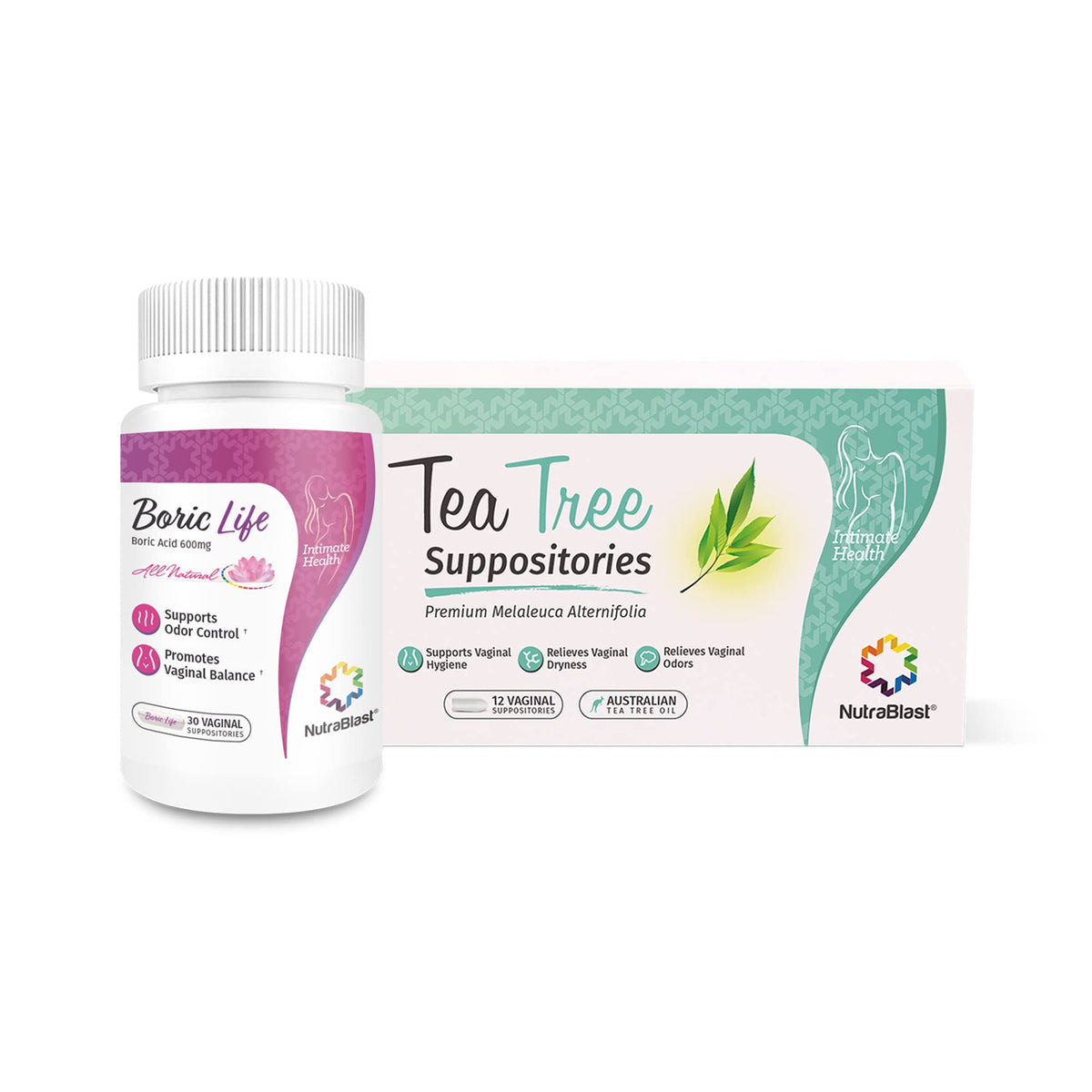 NutraBlast Boric Acid Vaginal Suppositories 600mg (30 Count) w/Tea Tree Oil Suppositories (12 Count)