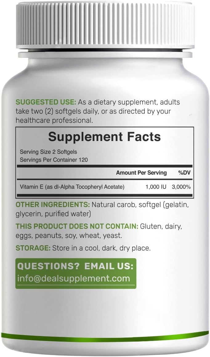 Vitamin E Supplements, 1,000 IU Per Serving, 240 Softgels – Extra Strength Antioxidant Protection – Bioavailable Stable Form – Skin, Heart, Brain, & Immune Support – Non-GMO