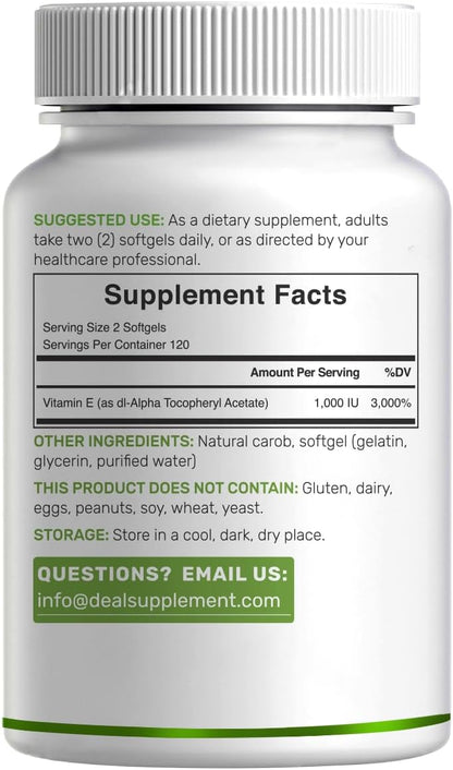 Vitamin E Supplements, 1,000 IU Per Serving, 240 Softgels – Extra Strength Antioxidant Protection – Bioavailable Stable Form – Skin, Heart, Brain, & Immune Support – Non-GMO