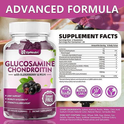 UPNEUTRI Glucosamine Chondroitin Gummies Sugar Free, Extra Strength 1500mg Glucosam