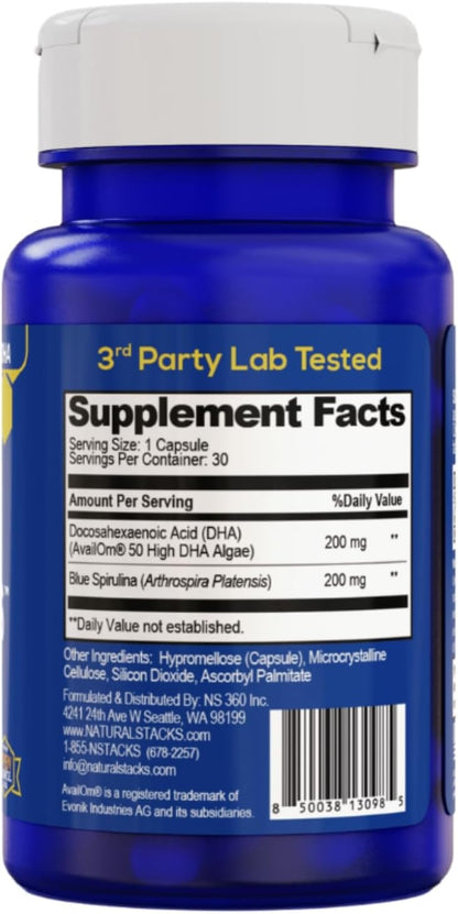 Smart Omegas Algae Omega 3 with Blue Spirulina and DHA, 30 Capsules | Plant based algae oil with 200mg DHA. Fish oil free antioxidant support for brain and heart. Vegan friendly.