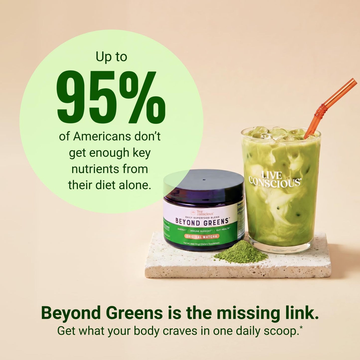 Live Conscious Beyond Greens Superfood Powder - Delicious Debloating Super Greens Powder - Matcha Greens Blend w/Chlorella, Echinacea, Probiotics for Immune Support & Energy