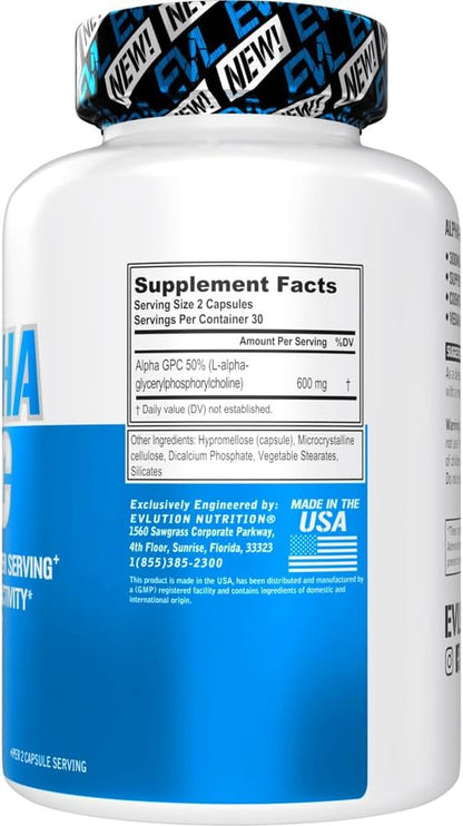 Nootropic Alpha GPC Supplement - Nootropics Brain Support Supplement Acetylcholine Precursor and Mood Support Nutrient - EVL Nutrition Alpha GPC 600mg per Serving for Cognitive Function (30 Servings)