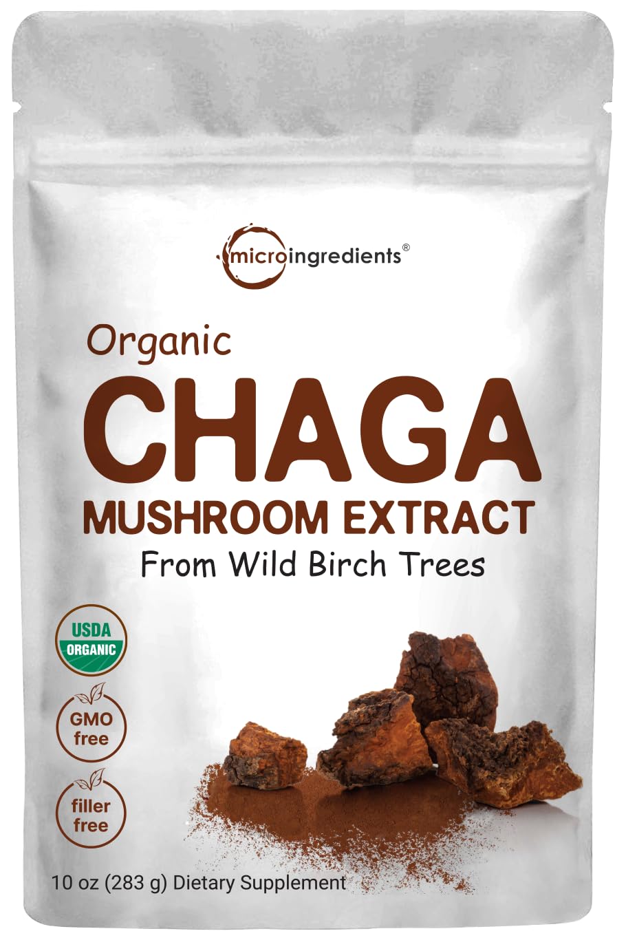 Micro Ingredients Organic Chaga Mushroom Extract 100:1 Powder, 10 Ounce | Sustainably 