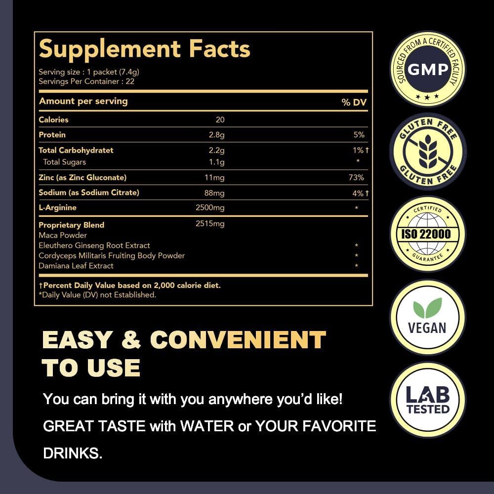 DAIKEN Peruvian Maca Root Powder Extra Strength 5,000 mg, Gelatinized Black, Red, Yellow Maca Blend with L-Arginine (2,500 mg) for Men and Women, Superior Absorption, Vegan, Lab Tested - 22 Packets