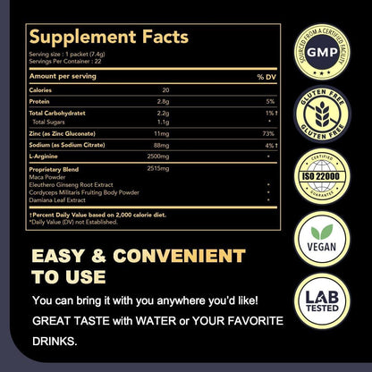 DAIKEN Peruvian Maca Root Powder Extra Strength 5,000 mg, Gelatinized Black, Red, Yellow Maca Blend with L-Arginine (2,500 mg) for Men and Women, Superior Absorption, Vegan, Lab Tested - 22 Packets