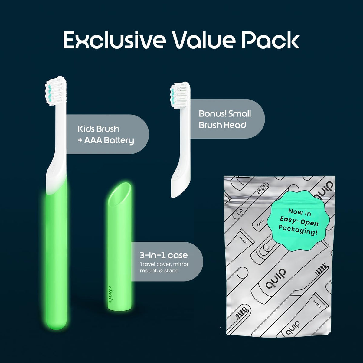 Quip Sonic Electric Toothbrush for Kids with Timer, Glow in the Dark Green