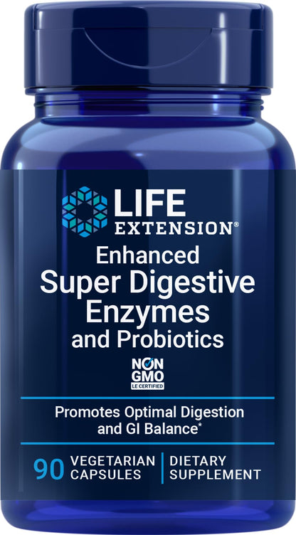Life Extension Enhanced Super Digestive Enzymes and Probiotics, 60 Capsules | B. Coagulans Probiotic & Blend of 10 Digestive Enzymes, Supports Digestion, Comfort & GI Balance for Plant-Based Diets