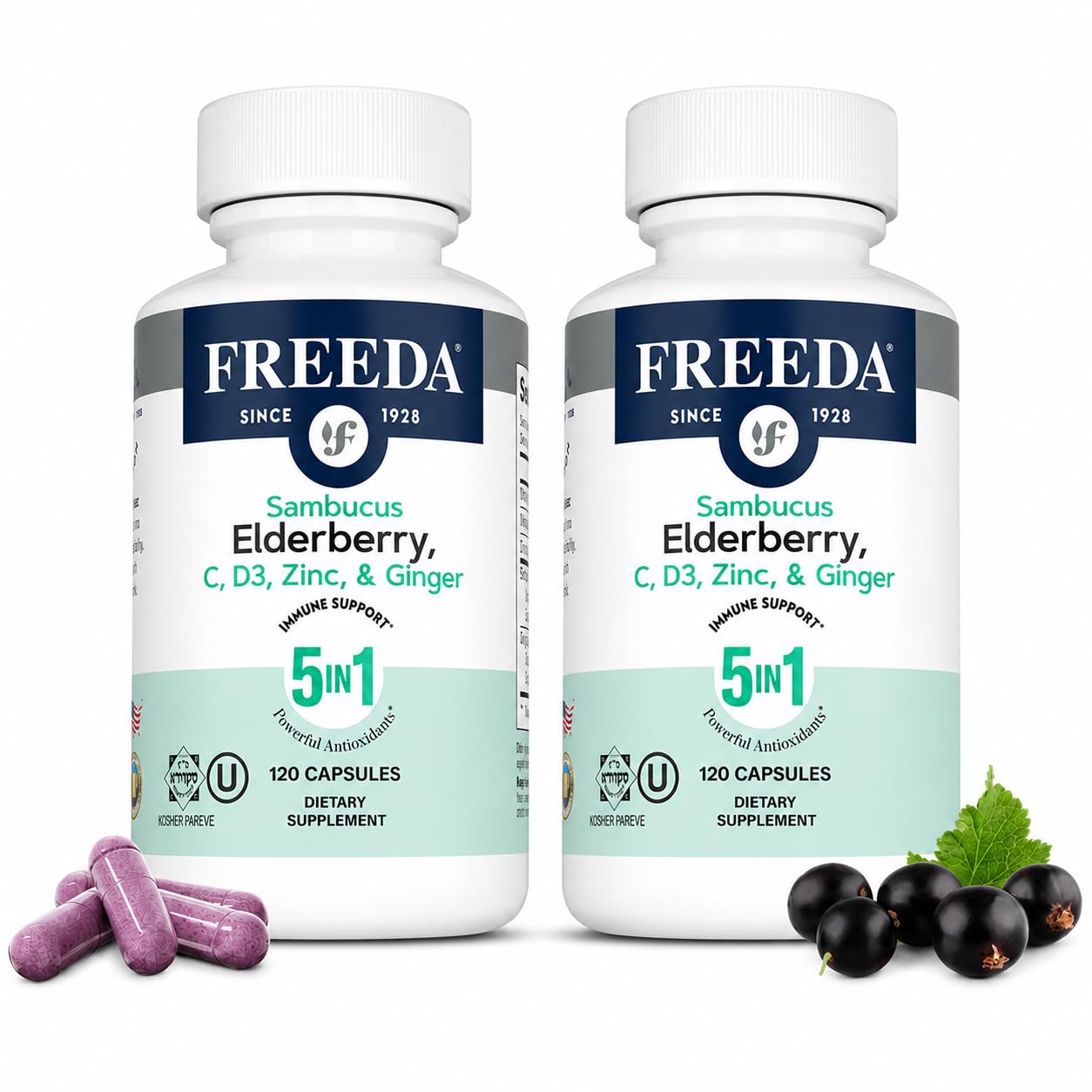 FREEDA Sambucus Elderberry Capsules - 5-in-1 Immune Support - 120 Count | Herbal Antioxidant Supplement with Vitamin C, Zinc, Vitamin D3 & Ginger for Adults - Gluten-Free - Made In USA