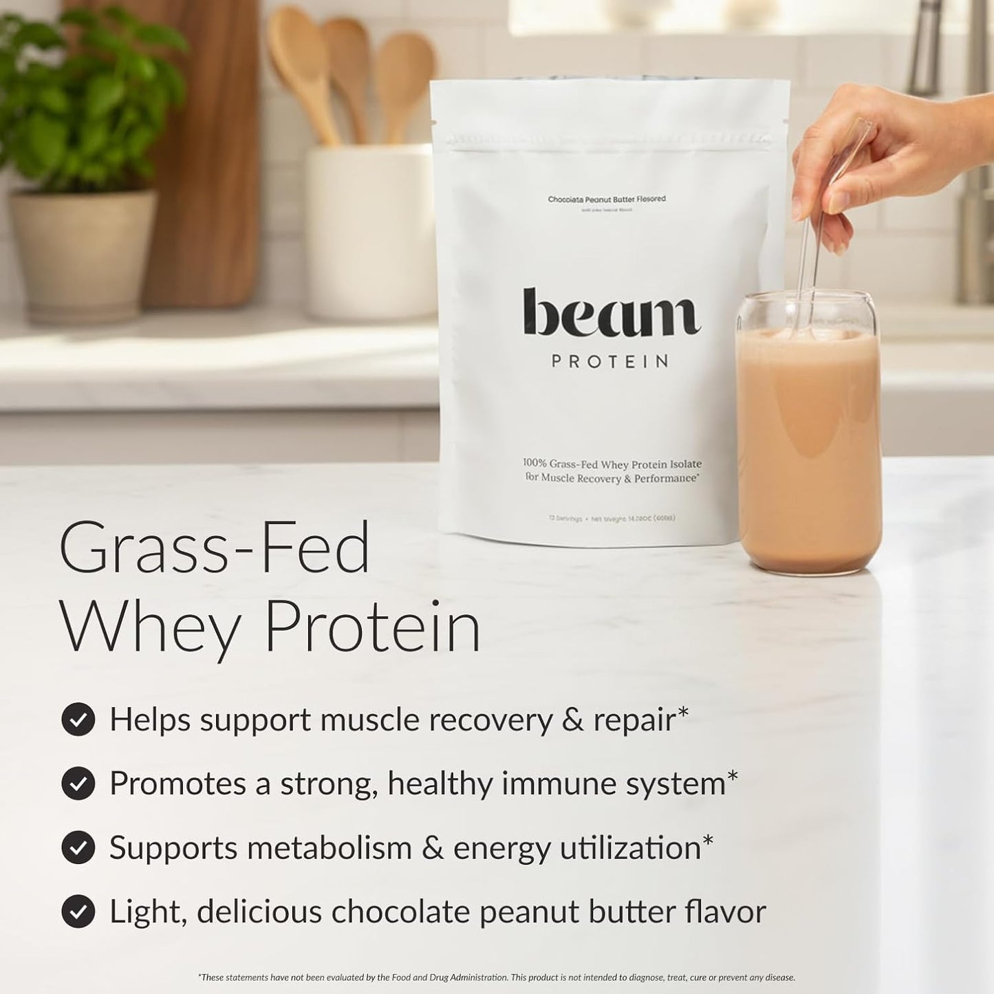 BEAM Grass Fed Whey Protein Powder – Chocolate Peanut Butter, 12 Servings, 22g Protein Per Serving, Clean Whey Isolate & Concentrate, Low Carb, Paleo Friendly, GMO Free, Gluten Free, 3rd Party Tested