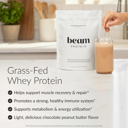 BEAM Grass Fed Whey Protein Powder – Chocolate Peanut Butter, 12 Servings, 22g Protein Per Serving, Clean Whey Isolate & Concentrate, Low Carb, Paleo Friendly, GMO Free, Gluten Free, 3rd Party Tested