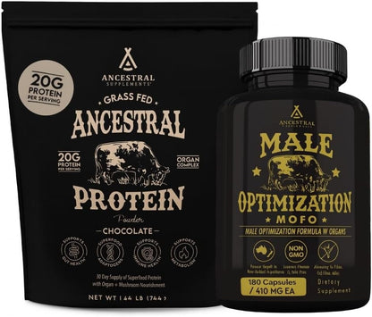 Ancestral Supplements MOFO & Chocolate Protein Bundle for Men – Supports Strength, Energy, Hormone Health & Recovery–Grass Fed Beef Organ Blend with 20g Protein, Gut Health Support & Organic Mushrooms