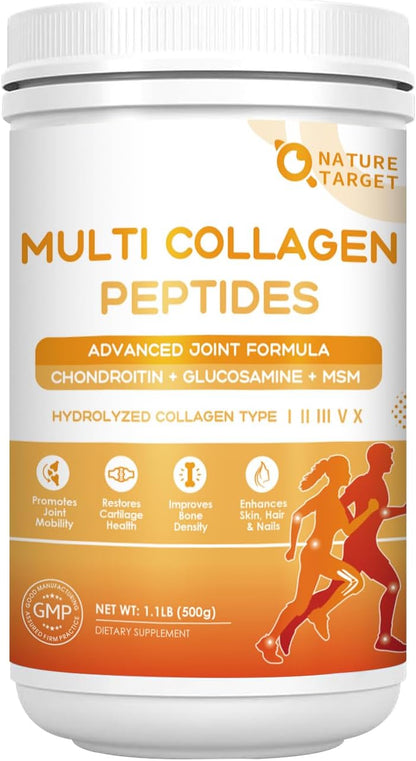 NATURE TARGET Multi Collagen Peptides Powder for Women Men, 50 Servings | Hydrolyzed Collagen Types I II III V X with Hyaluronic Acid & MSM for Skin, Hair, Nails & Joint, Non-GMO