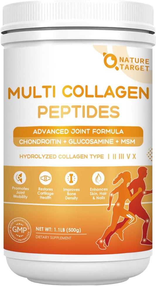 NATURE TARGET Multi Collagen Peptides Powder for Women Men, 50 Servings | Hydrolyzed Collagen Types I II III V X with Hyaluronic Acid & MSM for Skin, Hair, Nails & Joint, Non-GMO