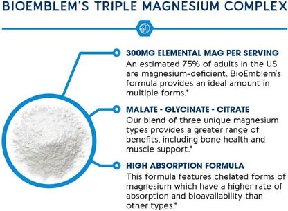 BioEmblem Triple Magnesium Complex | 300mg Magnesium Glycinate, Malate & Citrate | High Absorption Chelated Formula | Vegan, Non-GMO, Gluten-Free | 90 Capsules