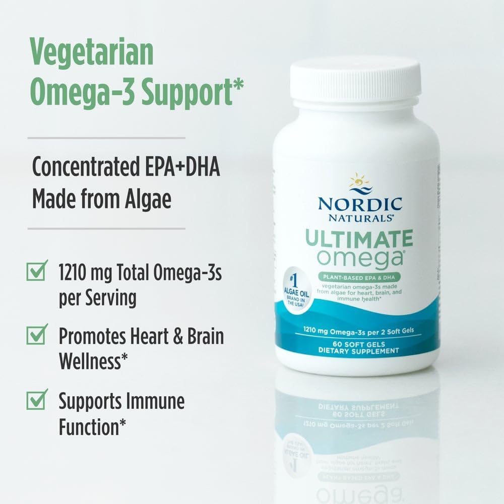 Nordic Naturals Vegan Omega-3, Algae-Based - 1210mg EPA+DHA - 60 Soft Gels | Plant-Based EPA & DHA. Brain & Heart Support. Lemon Flavor. Made from Algae. Non-GMO. Vegan. 30 Servings.