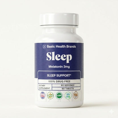 Basic Health Brands Sleep Melatonin, 3 mg 60 Count | 3mg Melatonin 60 Fast-Dissolve Tablets, Sleep Aid for Adults, Drug-Free, Non-GMO, Gluten-Free, Wake Up Refreshed