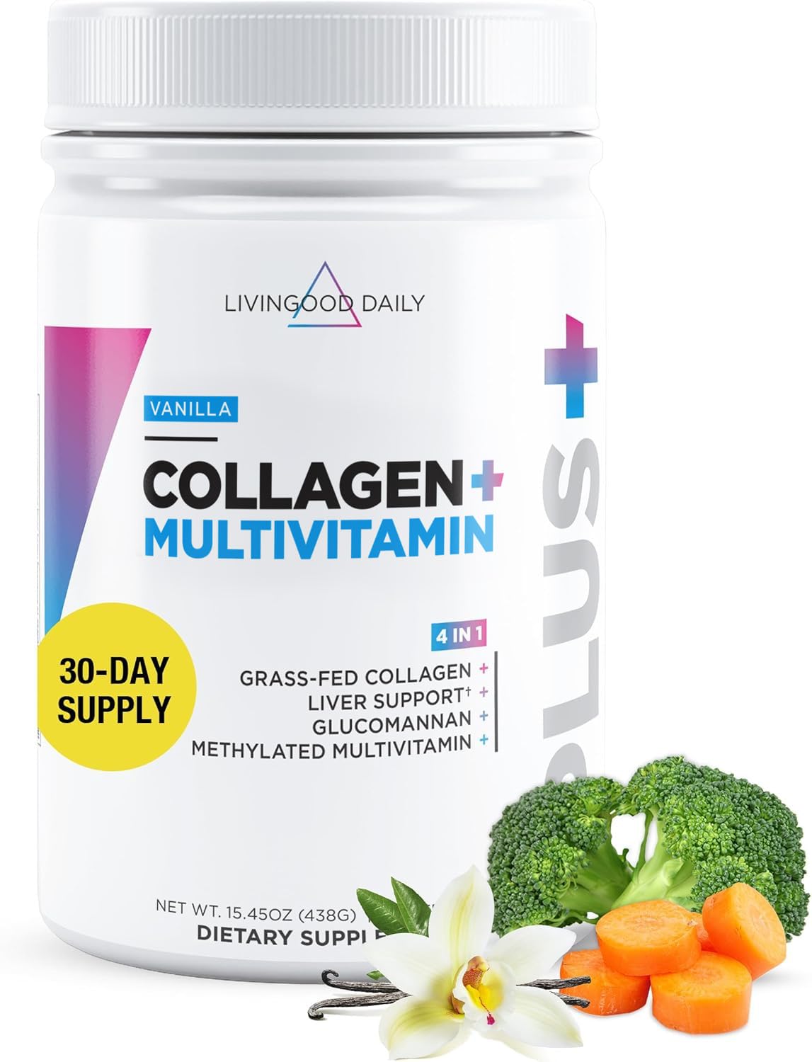 Livingood Daily Collagen Powder for Women and Men, Vanilla, Grass Fed Protein, Hydrolyzed Collagen Peptides with Vitamin C & Multi Vitamins for Hair, Skin, Nail & Gut Health, Gluten Free, 30 Servings