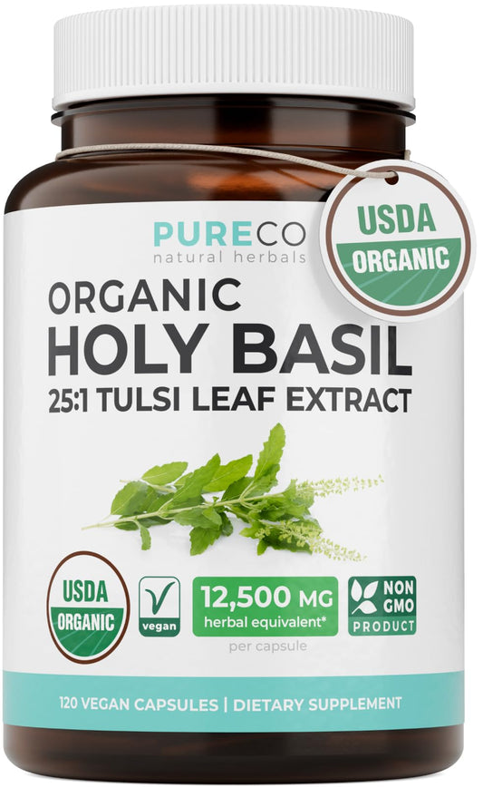 PURE CO USDA Organic Holy Basil Supplement – High Potency Organic Holy Basil 500mg 25:1 Extract 1 Capsule Per Serving – High Strength Tulsi Extract – 60 Vegan Capsules – Non-GMO & Made in USA
