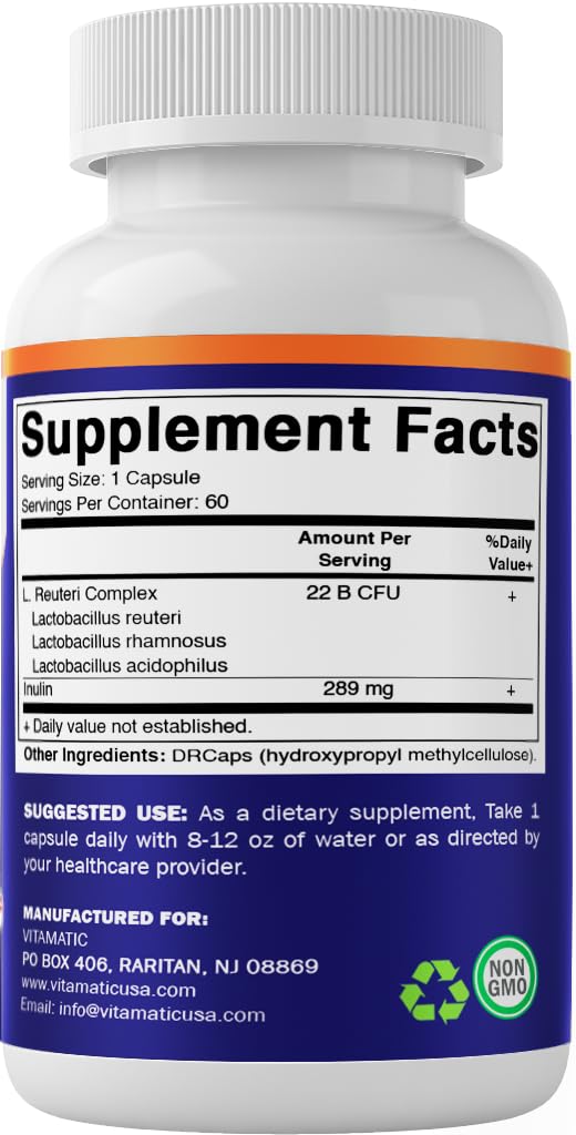 Vitamatic Lactobacillus Reuteri Complex – 22 Billion CFU per Delayed Release Capsule – 60 Capsules – Digestive & Gut Health Support – with Prebiotic Inulin Fiber