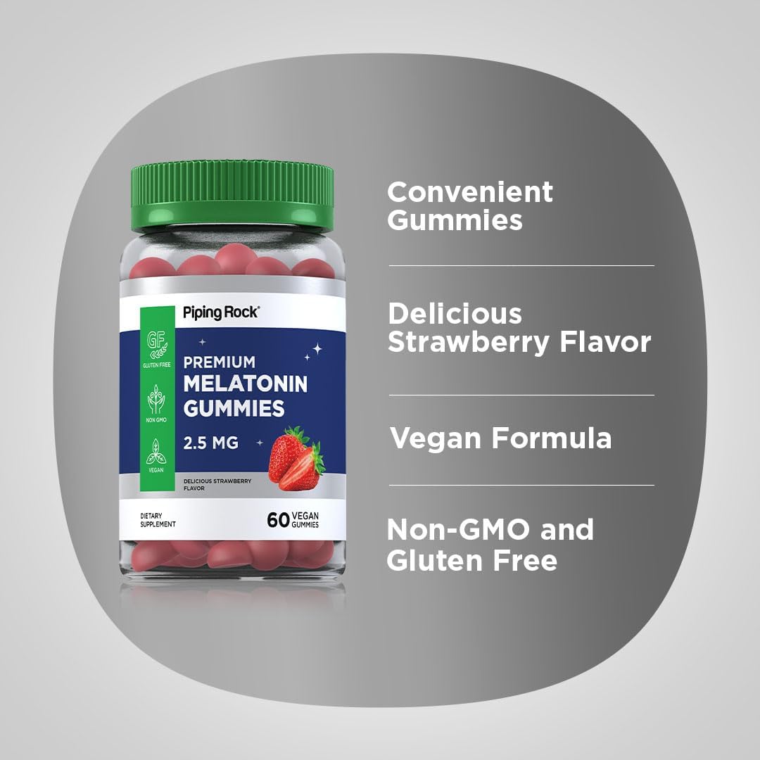 Piping Rock Melatonin Gummies 2.5 mg | 60 Count | Strawberry Flavor Gummy | Vegan, Non-GMO, Gluten Free Supplement