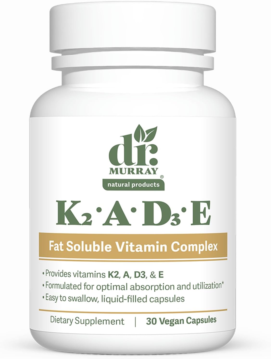 Dr. Murray's Vitamin K2-D3-A-E Liquid Vegan Capsules - Synergistic Fat-Soluble Blend | Bone, Vascular & Immune Support | Third-Party Tested | Clean Formulation | No Artificial Additives | 30 Count