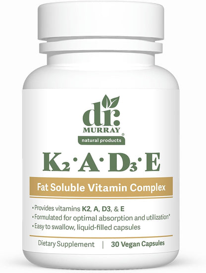 Dr. Murray's Vitamin K2-D3-A-E Liquid Vegan Capsules - Synergistic Fat-Soluble Blend | Bone, Vascular & Immune Support | Third-Party Tested | Clean Formulation | No Artificial Additives | 30 Count