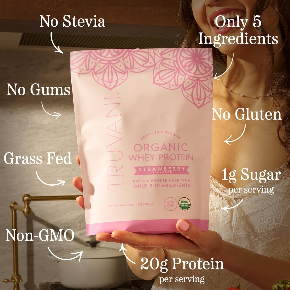 Truvani Organic Whey Protein Powder | Vanilla | 20 Servings | 20g Grass Fed Whey Protein | USDA Organic & Non-GMO | Gluten Free | No Gums, No Soy, No Stevia, No Added Sugars