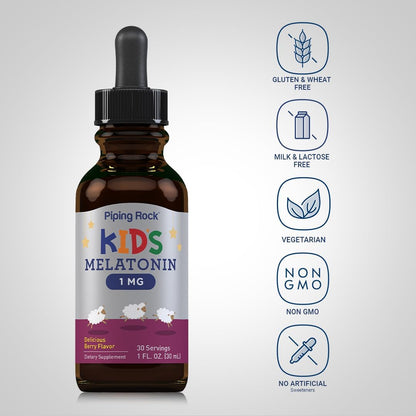 Piping Rock Kids Melatonin Liquid 1 fl oz | 1mg | Pack of 3 Bottles | Berry Flavor Drops | Non-GMO, Gluten Free Supplement