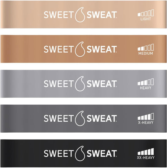 Sweet Sweat Mini Loop Resistance Bands - Set of 5 | Exercise Hip Booty Bands for Squats, Lunges, Physical Therapy, Yoga, Pilates, Rehab and Home Workout | Non-Latex Elastic Bands Includes Carry-Bag