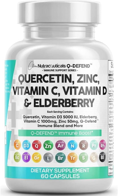 Q Defend Quercetin Supplement with Zinc Vitamin C Vitamin D Elderberry Turmeric Black Pepper Garlic Ginger Sea Moss Lysine Stinging Nettle Reishi Mushroom Immune Support 60 Capsules