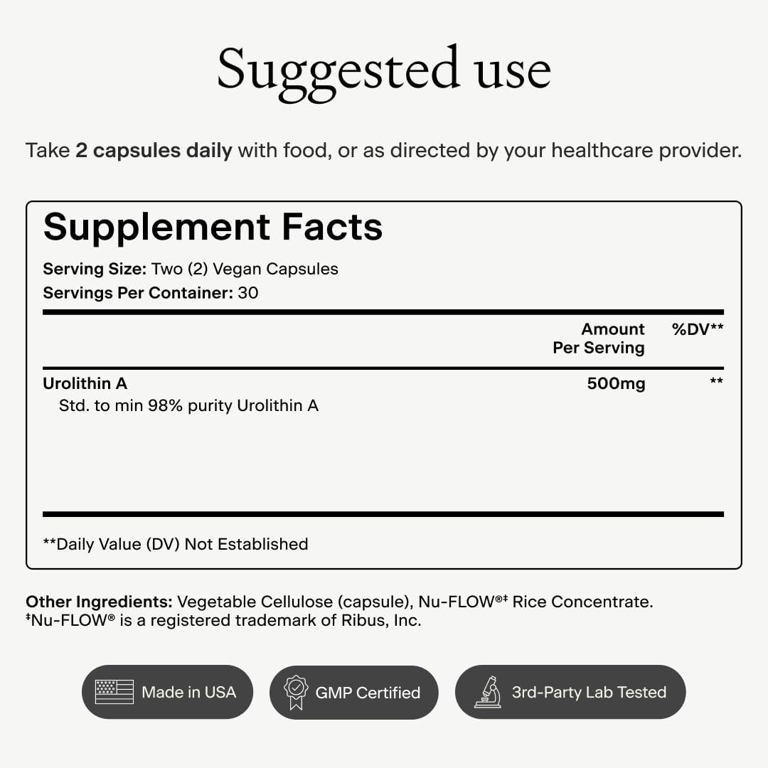 OMRE - Urolithin A 500mg, 98% Purity - Support for Healthy Aging and Cellular Renewal - Mitochondrial and Ceullular Energy Support for Longevity - 30 Servings