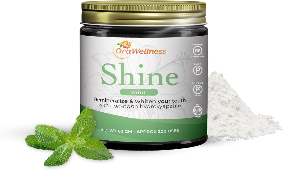OraWellness Shine Mint Remineralizing Tooth Whitening Powder + BrushEco Bamboo Toothbrush with 4 Rows