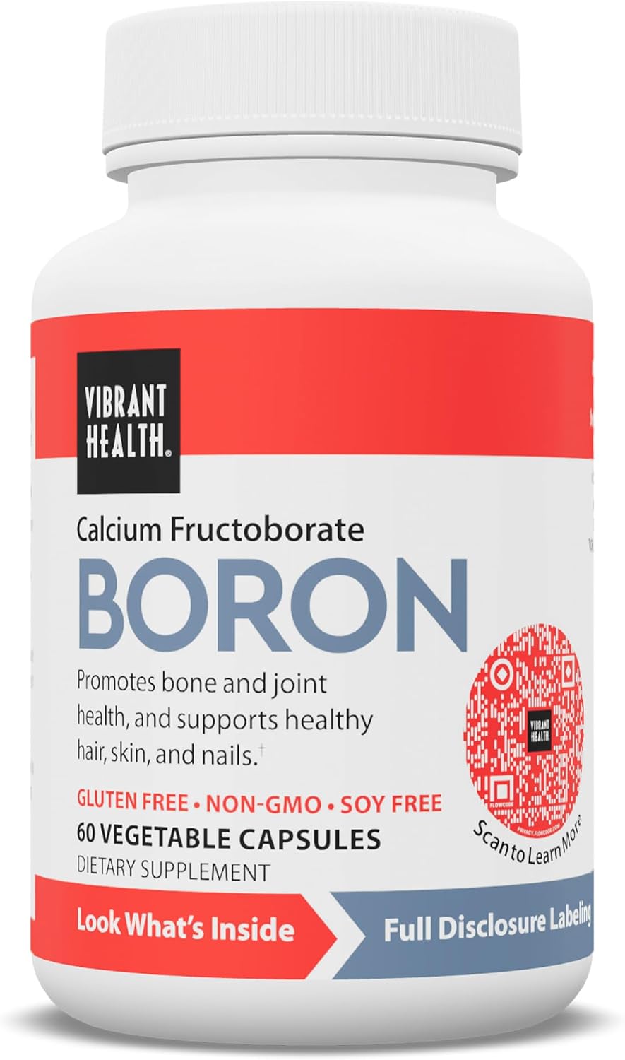 Vibrant Health - Super Natural Boron, Support for Healthy Joints, Hormone Levels, and Connective Tissue with Calcium Fructoborate and Broccoli Powder, Gluten Free, Vegetarian, Non-GMO, 60 Count
