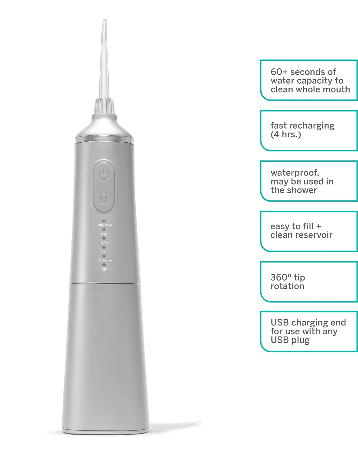 Supersmile Professional Zina Water Flosser, Silver, Rechargeable Cordless Water Flosser, 5 Cleaning Modes, Waterproof, Travel Friendly, Safe for Veneers & Braces