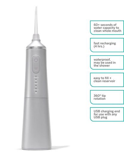 Supersmile Professional Zina Water Flosser, Silver, Rechargeable Cordless Water Flosser, 5 Cleaning Modes, Waterproof, Travel Friendly, Safe for Veneers & Braces