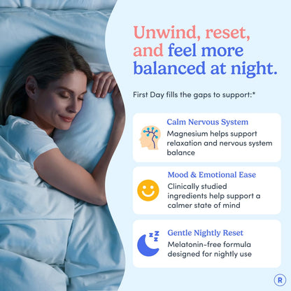 FIRST DAY Magnesium Gummies for Women, L-Theanine, Melatonin-Free, 60ct | Vegan strawberry Magnesium for Women, citrate, L-theanine and Zembrin; melatonin-free nighttime relaxation support.