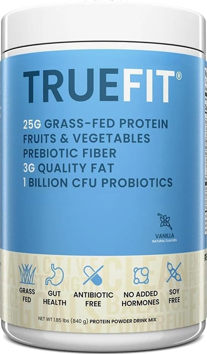 TrueFit Grass-Fed Whey Protein Powder + Fiber & Probiotics, Vanilla Shake | 25g Gut Healthy Protein with Fiber, Probiotics & Non-GMO Superfoods for Complete Meal Replacement Shake with Nothing Fake