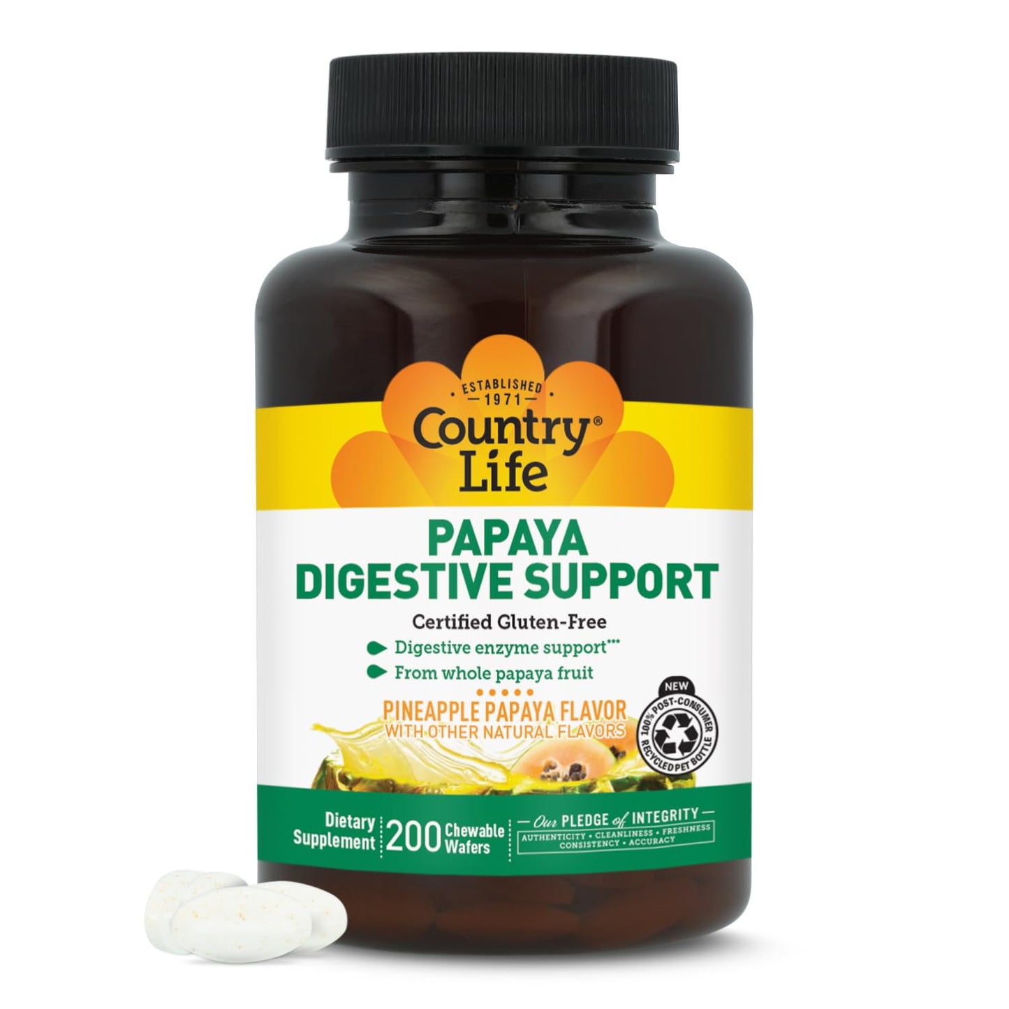 Country Life Papaya Digestive Support, 500 Chewable Wafers | Natural pineapple & papaya Flavor. Assists nutrient absorption, contains papain & protease