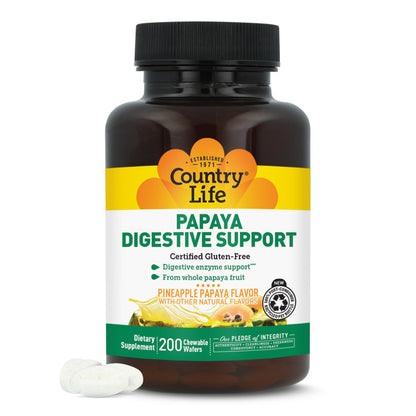 Country Life Papaya Digestive Support, 500 Chewable Wafers | Natural pineapple & papaya Flavor. Assists nutrient absorption, contains papain & protease