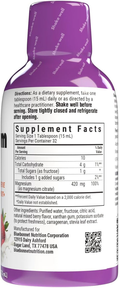 Bluebonnet Nutrition Magnesium Citrate 420 mg - Calm Mind & Body* – Supports Heart, Muscle & Sleep* - Non-GMO, Vegan, Kosher, Gluten-Free, Soy-Free, Milk-Free - 16 FL OZ, Mixed Berry Flavor