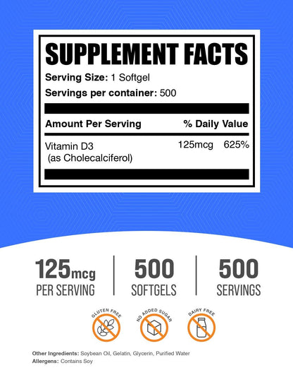 BulkSupplements.com Vitamin D3 5000IU Softgels - Cholecalciferol, D3 Supplement, Vitamin D 5000 IU - 1 Vitamin D3 Softgel (125mcg of Vitamin D) per Serving, 500 Count (Pack of 1)